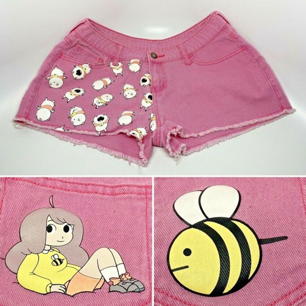 WeLoveFine Bee & Puppycat Pink Kawaii Cartoon Cat Fringe Short Shorts